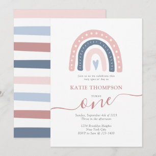 Rosa och Blue Rainbow Boho Första födelsedag Inbjudningar