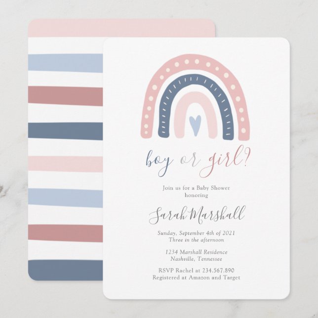Rosa och Blue Rainbow Boy eller Girl Baby Shower Inbjudningar (Fram/baksida)