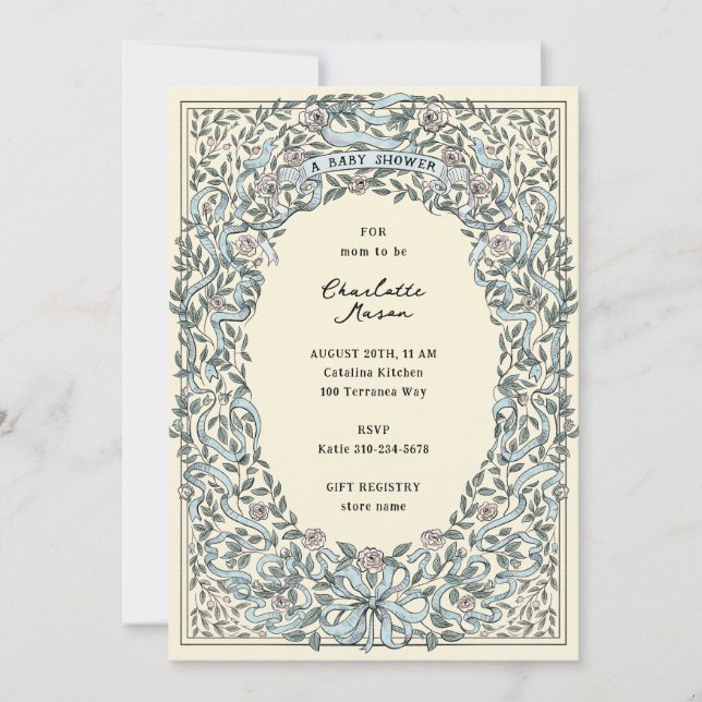 Rosa och Blue Rosett band och Ro Baby Shower Inbjudningar (Framsida)