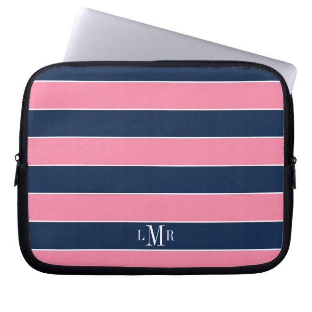 Rosa och Blue Rugby Rand Monogrammed Laptop Fodral (Framsidan)