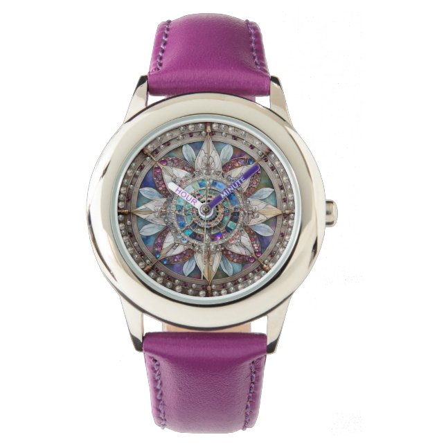 Rosa och Blue Sapphires Diamonds Pearls Mandala Armbandsur (Framsida)