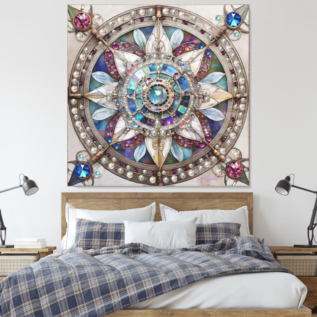 Rosa och Blue Sapphires Diamonds Pearls Mandala Canvastryck (Insitu (sovrum))