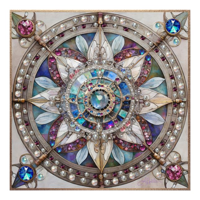 Rosa och Blue Sapphires Diamonds Pearls Mandala Fototryck (Framsidan)