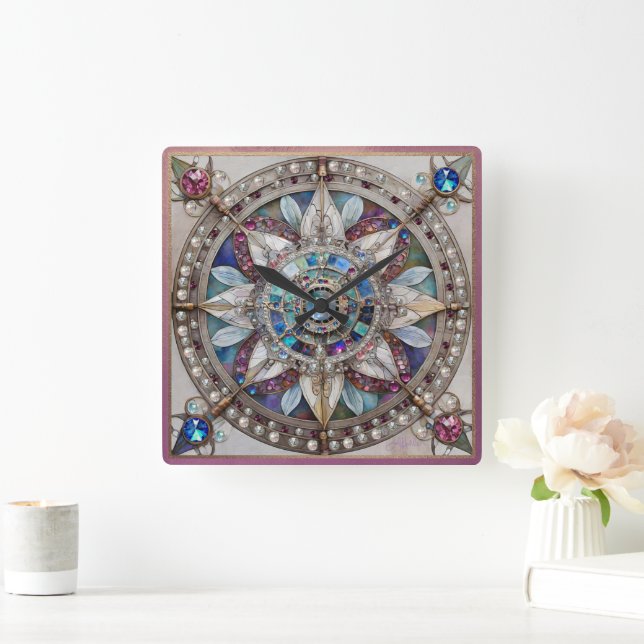 Rosa och Blue Sapphires Diamonds Pearls Mandala Fyrkantig Klocka (Hem)