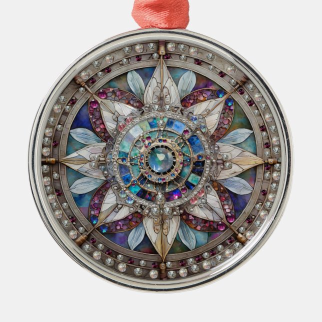 Rosa och Blue Sapphires Diamonds Pearls Mandala Julgransprydnad Metall (Framsidan)