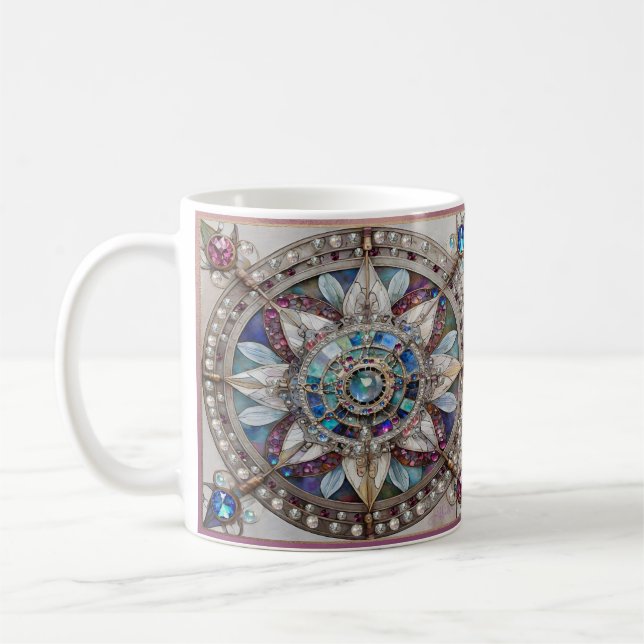 Rosa och Blue Sapphires Diamonds Pearls Mandala Kaffemugg (Vänster)