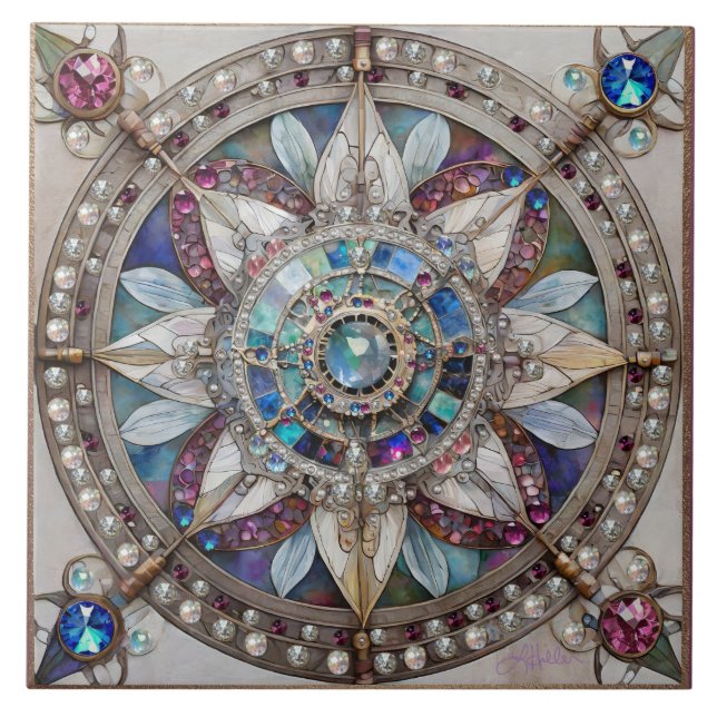 Rosa och Blue Sapphires Diamonds Pearls Mandala Kakelplatta (Framsidan)