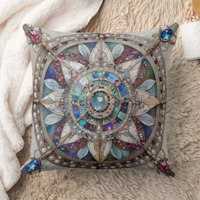 Rosa och Blue Sapphires Diamonds Pearls Mandala Kudde (Filt)