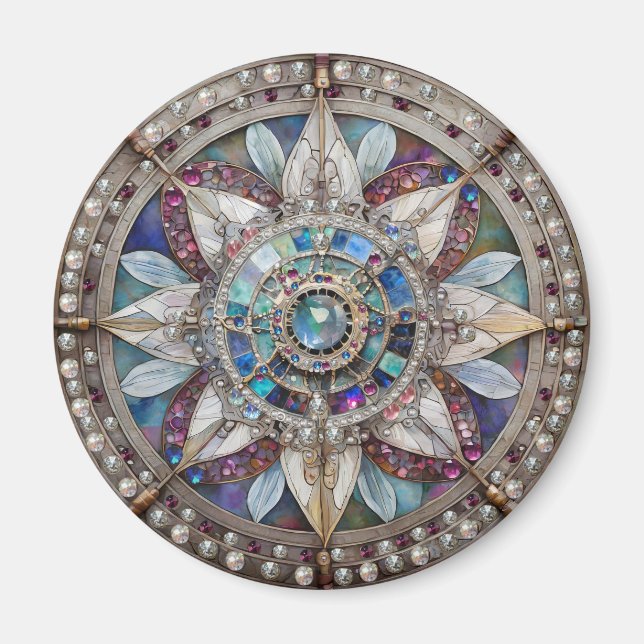 Rosa och Blue Sapphires Diamonds Pearls Mandala Magnet (Framsidan)