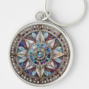 Rosa och Blue Sapphires Diamonds Pearls Mandala Rund Silverfärgad Nyckelring