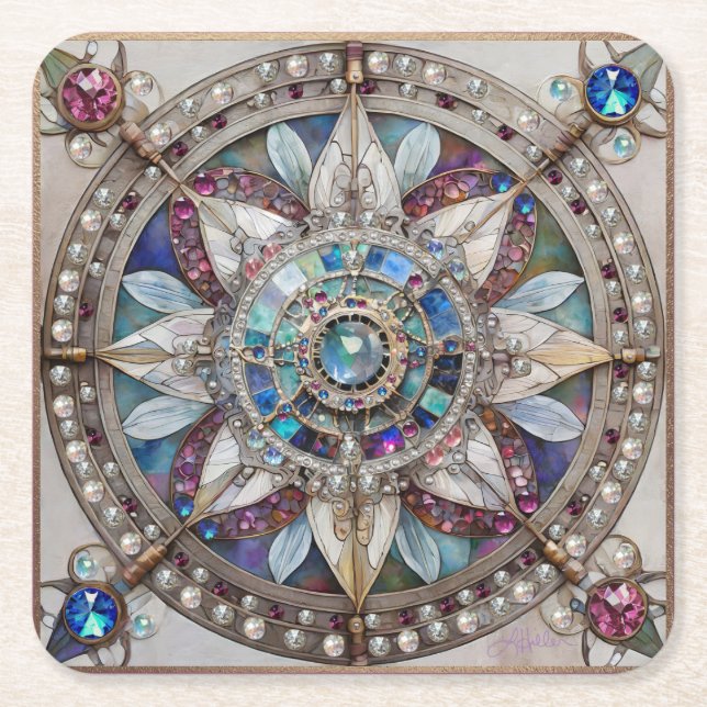 Rosa och Blue Sapphires Diamonds Pearls Mandala Underlägg Papper Kvadrat (Framsidan)