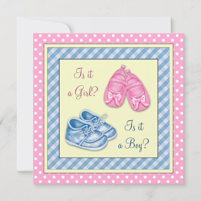 Rosa- och Blue Shoe Gender Reveal Baby Shower Inbjudningar (Framsida)
