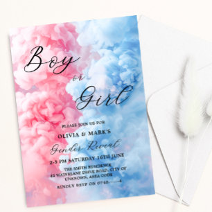 Rosa och Blue Smoke Boy eller Girl Gender Reveal Inbjudningar