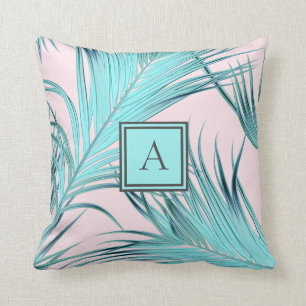 Rosa och Blue Tropical Coastal Handflatan med Mono Kudde