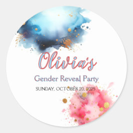 Rosa- och Blue Watercoloar Gender Reveal Runt Klistermärke