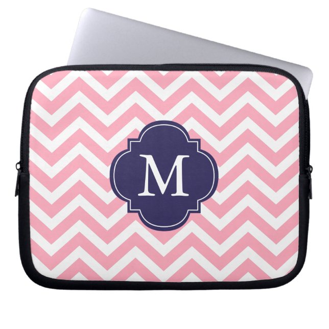 Rosa och Blue Zigzags Mönster Monogram Laptop Sleeve (Framsidan)