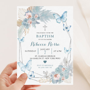 Rosa och Boho Blue Butterfly Girl Baptism Inbjudningar