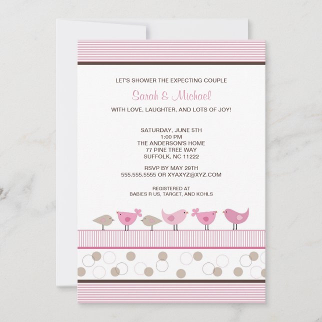 Rosa och Brown Birds Baby Shower Inbjudan (Framsida)