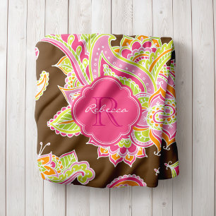 Rosa och Brown Boho Paisley Monogrammed Fleecefilt