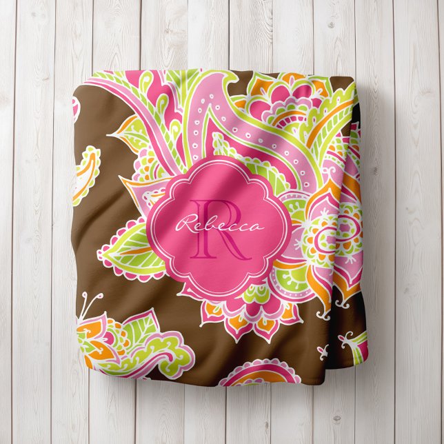 Rosa och Brown Boho Paisley Monogrammed Fleecefilt (Skapare uppladdad)
