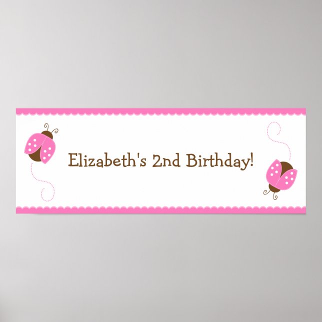 Rosa och Brown Ladybug Birthday Banner Poster (Framsidan)
