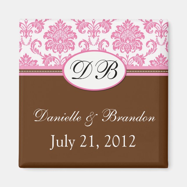 Rosa och Brown Monogram Damask Wedding Magnet (Framsidan)