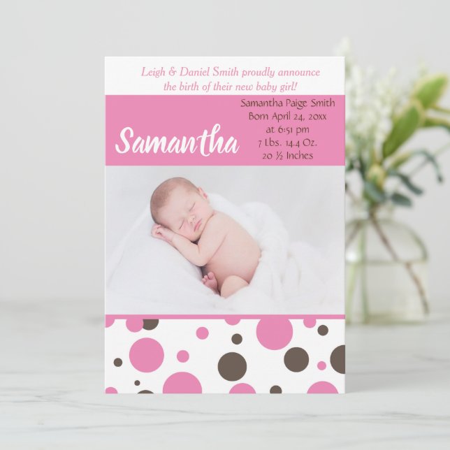 Rosa och Brown Polka dots | Flicka Fotofödelse Meddelande (Stående Fram)