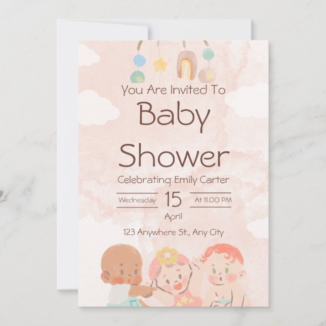 Rosa och Brun Akvarell Baby Shower Inbjudan (Framsida)