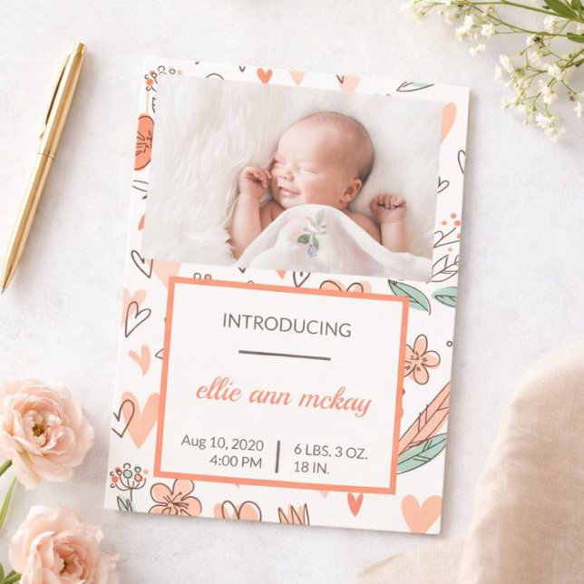 Rosa och Brun Blommig Hjärtbaby Annonsering Inbjudningar (Skapare uppladdad)