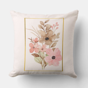 Rosa och Brun Blommig Kastkudde Med Guldram Kudde