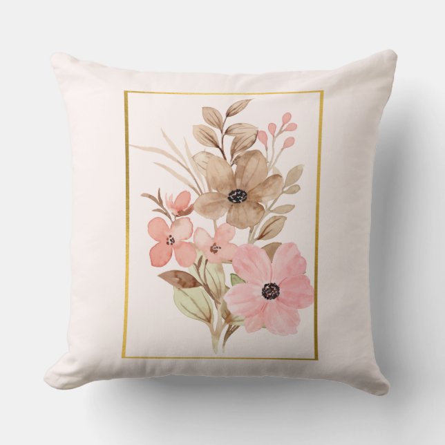 Rosa och Brun Blommig Kastkudde Med Guldram Kudde (Framsida)