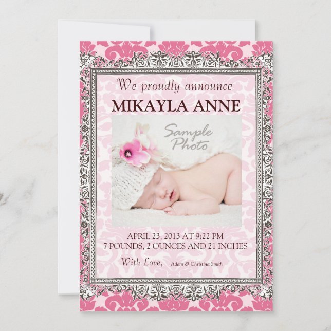 Rosa och Brun Damast Födelse Tillkännagivande Meddelande (Framsida)