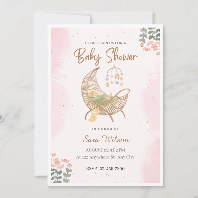 Rosa och Brun Illustrativ Baby Shower Inbjudan (Framsida)