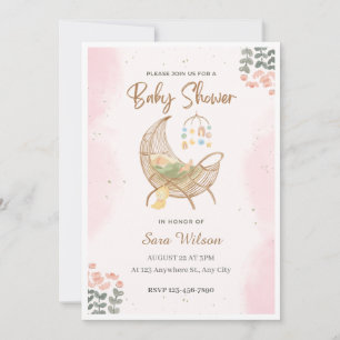 Rosa och Brun Illustrativ Baby Shower Inbjudan