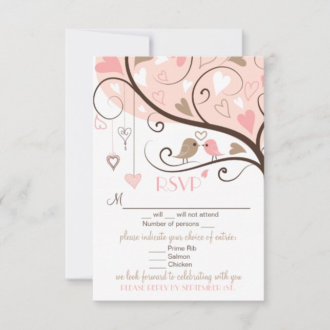 Rosa och Brun Kärleksfåglar RSVP Bröllopskort OSA Kort (Framsida)