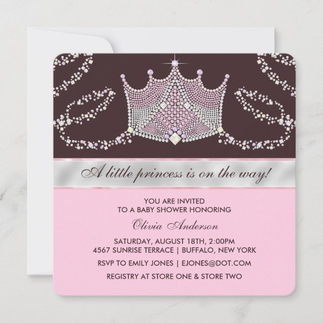 Rosa och Brun Tiara Prinsessa Baby Shower Inbjudningar (Framsida)