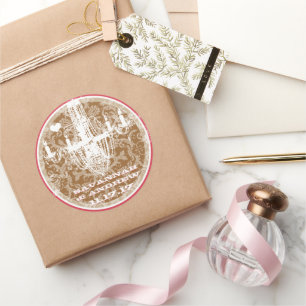 Rosa och brun Vintage Damask Chandelier Stickers Runt Klistermärke