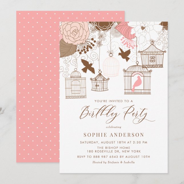 Rosa och brun Vintage Födelsedagsfest Birdcages Inbjudningar (Fram/baksida)