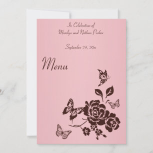 Rosa och bruna blommor och fjärilar meny inbjudningar