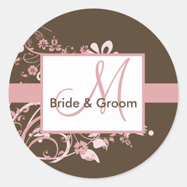 Rosa och bruna monogramsymboler för bröllop runt klistermärke (Framsida)