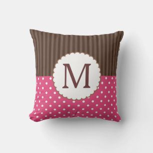 Rosa och brunt Polka dots Rand Monogram Kudde