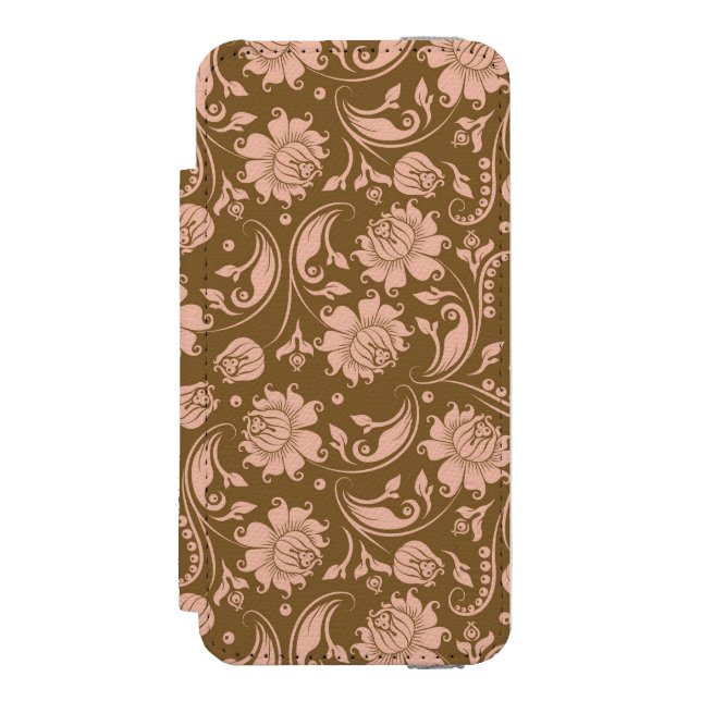 Rosa- och bruntblommönster incipio iPhone wallet skal (Folio Framsidan)