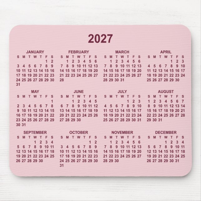Rosa och Burgunder 2027 Kalender Musmatta (Framsidan)