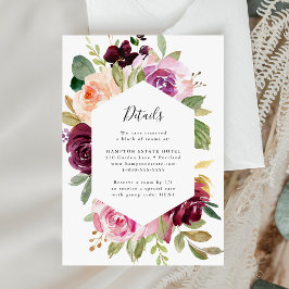 Rosa och Burgunderröda Blommiga Bröllopsdetaljkort OSA Kort