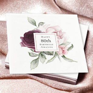Rosa och burgundisk Blommigt 80:e födelsedagen Pappersservett