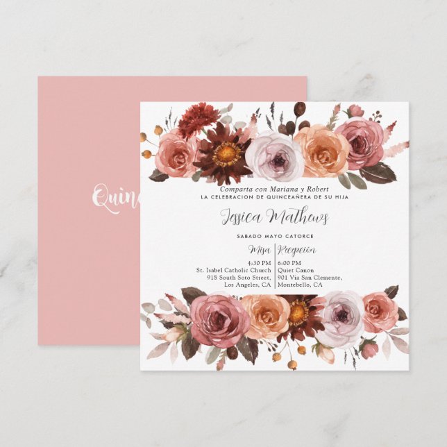 Rosa,  och burgundisk Blommigt Quinceañera Inbjudningar (Fram/baksida)