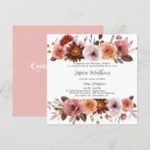Rosa,  och burgundisk Blommigt Quinceañera Inbjudningar