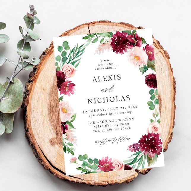 Rosa och Burgundy Blommigt 7 Bröllop Inbjudningar (Skapare uppladdad)