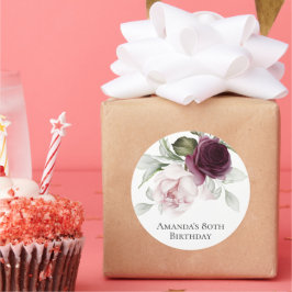 Rosa och Burgundy-Blommigt 80:e Födelsedagsfesten Runt Klistermärke