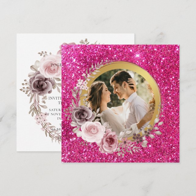  Rosa och Burgundy Blommigt Guld Greenery Bröllop Julkort (Fram/baksida)